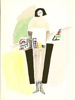 Abstract figurative pochoir print showing stylised figure wearing text-decorated garment