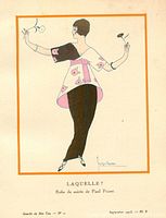 Pochoir print titled Laquelle? showing woman in evening gown