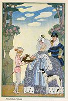 Elizabethan England plate showing Elizabethan court scene with greyhound, framed