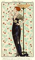 Robe du Soir Satin Noir et Tulle pochoir showing woman in black evening gown with green bolero, floral backdrop, plate header 1913 #46