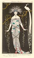 Plate 168 depiction of evening gown with peacock and headdress