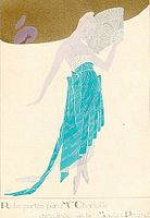 Fashion plate with female figure in turquoise dress holding fan (Robe portée par Mme Charlotte)