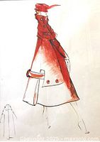 Illustration of woman in red coat and hat, shows artwork detail