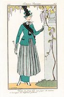 Plate #163 showing woman in teal jacket and striped skirt under wisteria