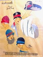 Illustration with five women’s hats, ‘Les idées nouvelles – Créations Jane Vivet’ heading, signature lower right, hardwood frame