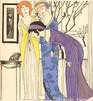 Full view of framed pochoir print depicting three women in period gowns