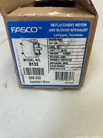 Fasco carton end label showing model D132 and specifications