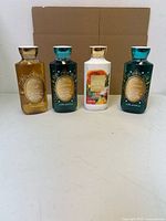 Front view of all four sealed body wash bottles