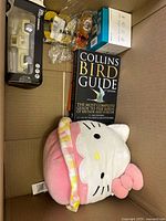 Overview showing book, plush, diecast car, tape, strap, electronics box