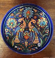 Front view of round hand-painted ceramic plate