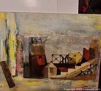 Front of abstract mixed media painting showing overall composition and colors