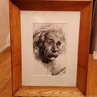 Full view of framed Einstein portrait drawing