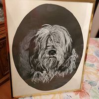Full view of framed dog portrait