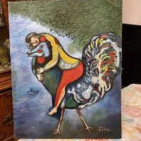 Full view of signed painting featuring woman and rooster
