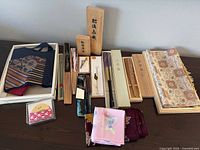 Overview of all souvenir items laid out on table