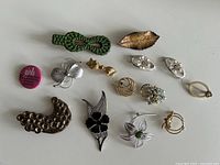 All thirteen costume brooches and pins laid out on white background