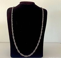 Full view of silver-tone rope chain necklace on display bust