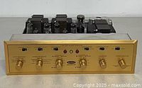 Front view of amplifier showing controls and gold faceplate