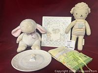 Group shot of all items in lot: memory book, two plush toys, ceramic plate, Carter’s clothing