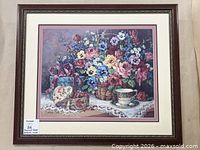 Full view of framed floral print showing artwork, mat and frame