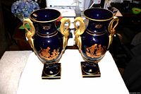 Front view of both cobalt blue Limoges vases