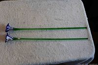 Two full-length glass flowers laid side by side showing complete stems and blossoms