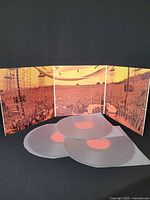 Trifold jacket opened showing crowd photo and three vinyl discs in sleeves