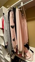 Group of hanging Frank Lyman garments showing pink blouse and part of other clothing