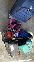 Group shot: suitcase, pet carrier, stainless pot, scoop, coolers, equipment case