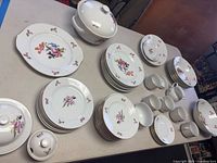 Full set laid out on table showing variety of plates, cups, covered dishes and platter