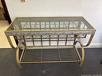 Front view of glass top metal wine rack server showing overall design