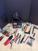 Entire lot laid out: tote and hand tools on table