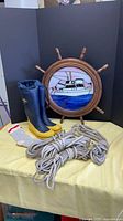 Boots, socks, ropes, stained glass ship wheel wall art overall