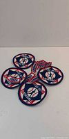 Five round and four rectangular Babe Ruth Baseball patches displayed