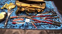 Overview of all garden tools and bag on blue cloth
