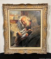 Full view of framed painting showing artwork and frame style