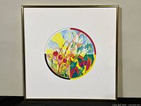 Full view of framed circular watercolour in gold frame