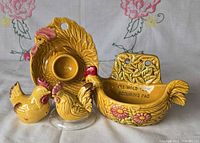 Group shot of all four ceramic rooster kitchen items