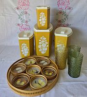 Full group view showing canisters, tray, coasters and both Soreno glasses