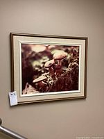 Full view of framed mushroom print on wall