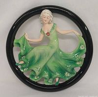 Front view showing dancing lady figure and black circular frame