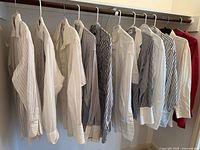Full view of all 11 shirts hanging on closet rod