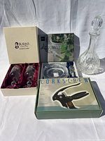 All items: decanter, boxed Burns glasses, Mikasa coaster & stopper set, corkscrew box