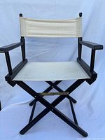 Front view of folding director's chair showing dark wood frame and beige canvas seat/back