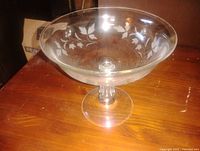 Oblique view of clear etched glass pedestal bowl