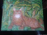 Front view of entire painting showing cat and foliage