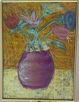 Front view of framed abstract floral painting showing full image and frame