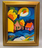 Front view of framed modernist painting showing composition, frame and signature