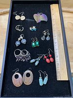 Full tray view showing all earrings with ruler for scale