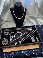 Full lot on tray with necklaces, earrings, brooches, bracelet and keychain
